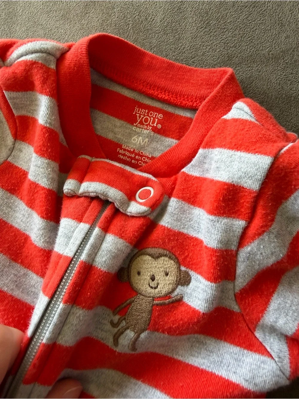 Carters Just One You Striped Red and Gray Plush Footie with Monkey Accent